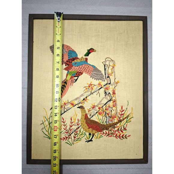 Vintage Completed Framed Crewel Embroidery Ring Neck Pheasant Scene On Linen - Picture 8 of 9